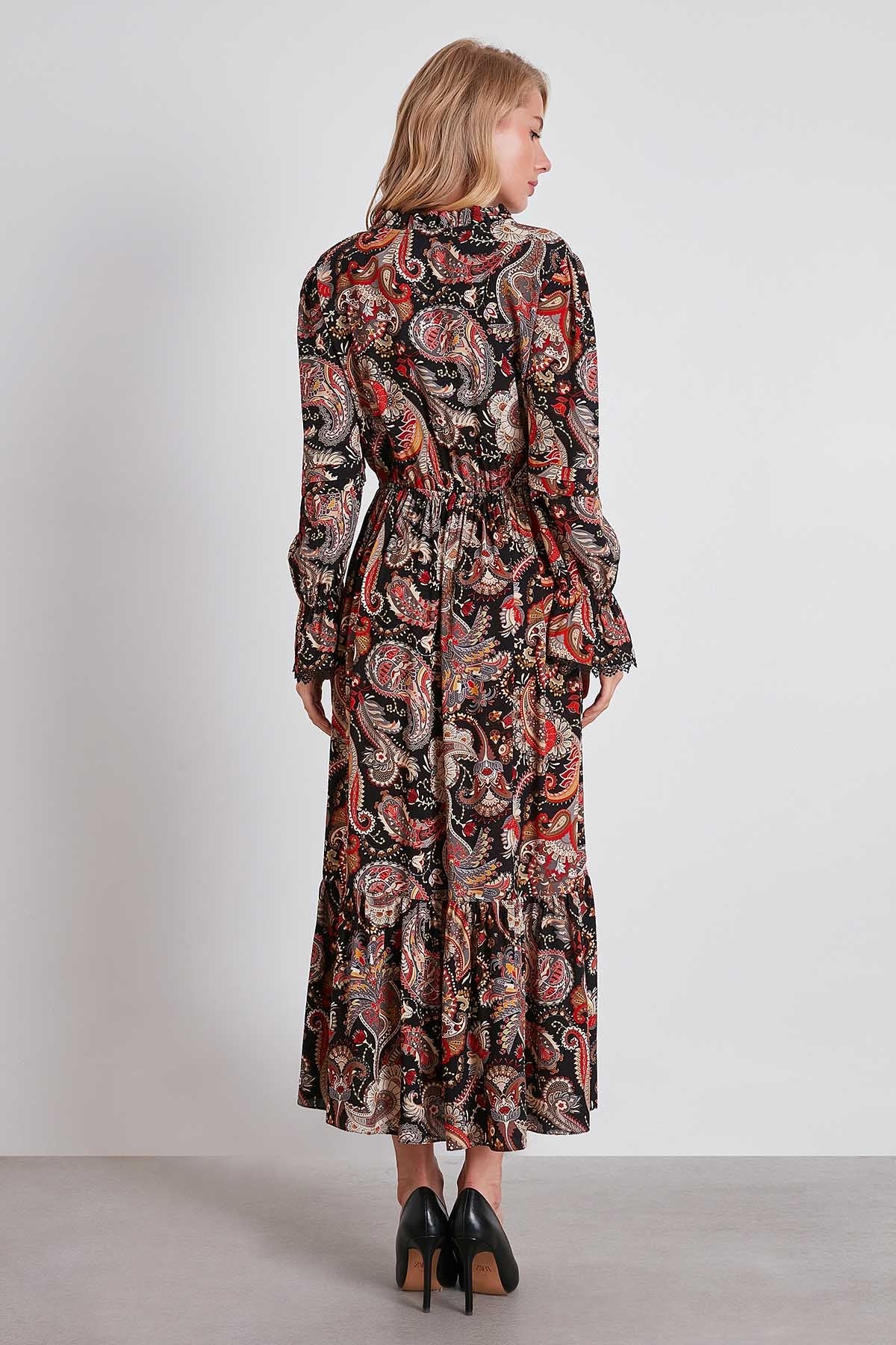 FLORAL PATTERN FRILL COLLAR LONG DRESS