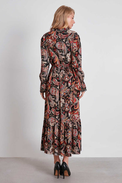FLORAL PATTERN FRILL COLLAR LONG DRESS