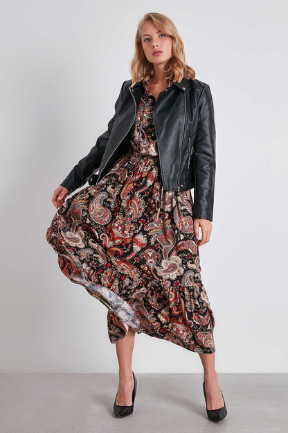 FLORAL PATTERN FRILL COLLAR LONG DRESS