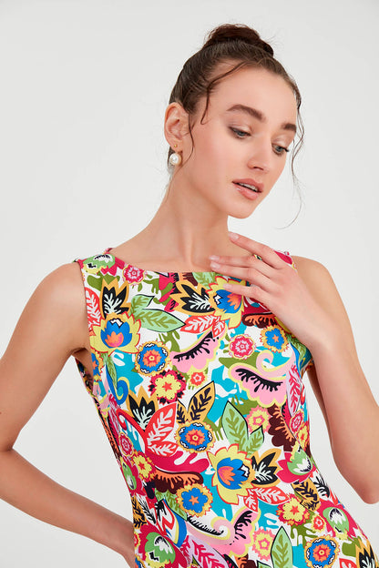 FLOWER PATTERN SLEEVELESS DRESS