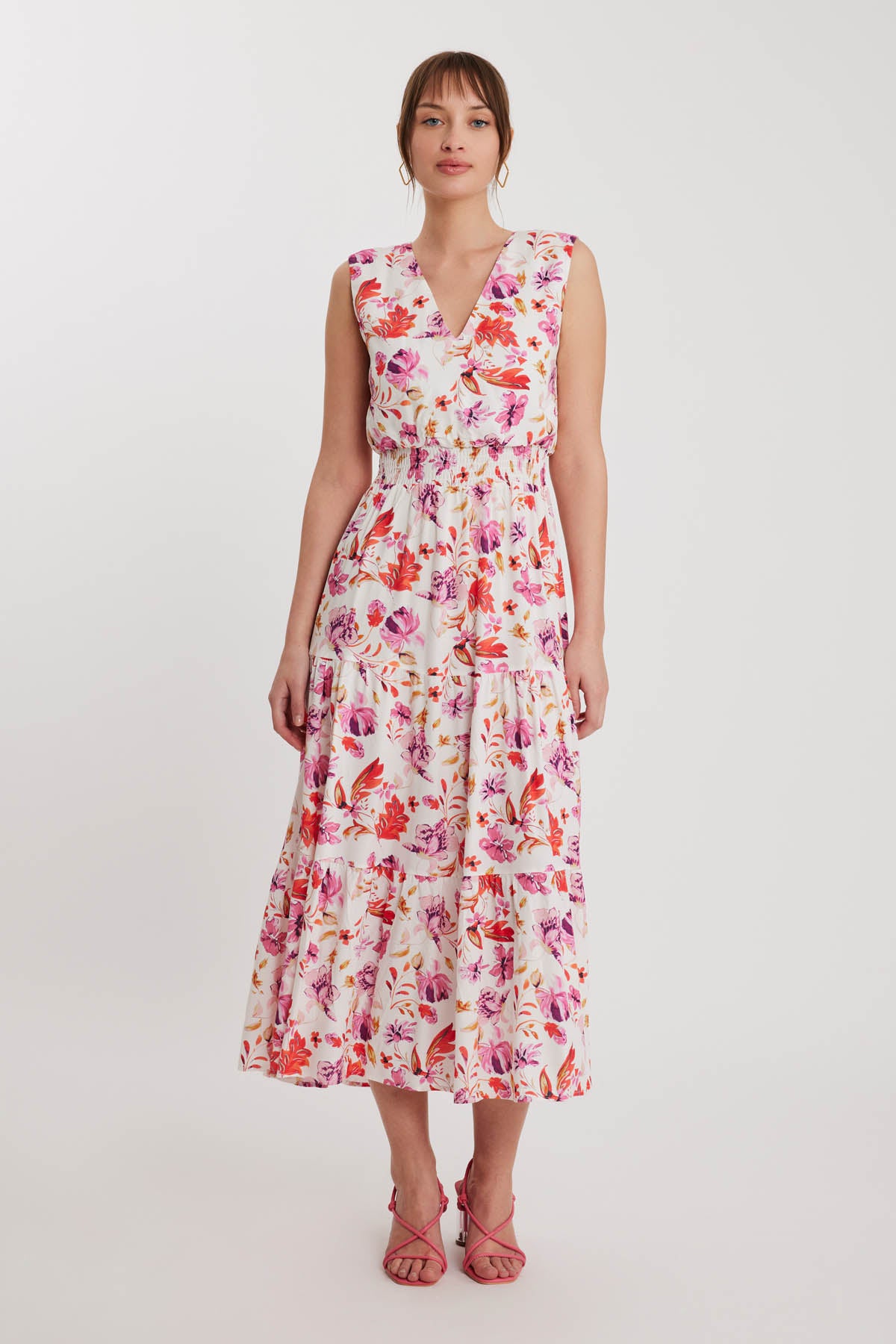 FLORAL PATTERN STRING BINDING V COLLAR DRESS