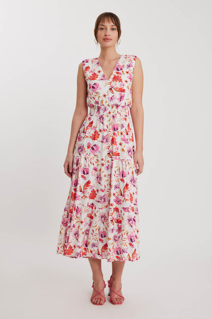 FLORAL PATTERN STRING BINDING V COLLAR DRESS
