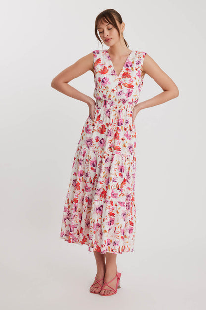 FLORAL PATTERN STRING BINDING V COLLAR DRESS