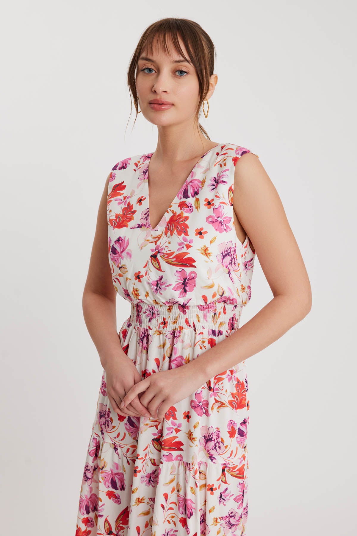 FLORAL PATTERN STRING BINDING V COLLAR DRESS
