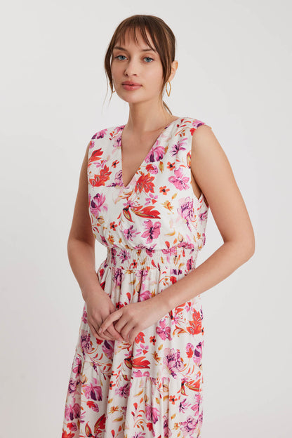 FLORAL PATTERN STRING BINDING V COLLAR DRESS