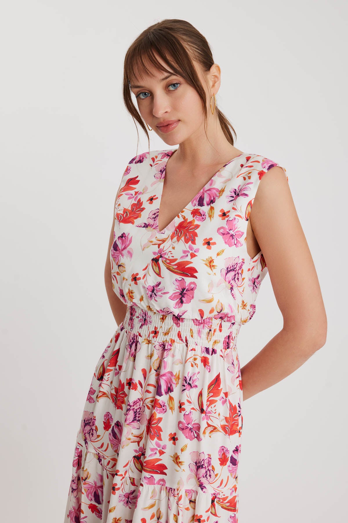 FLORAL PATTERN STRING BINDING V COLLAR DRESS