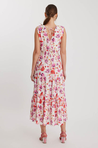 FLORAL PATTERN STRING BINDING V COLLAR DRESS