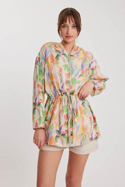 SLIM JACKET WITH FLOWER PATTERNED WAIST CURL