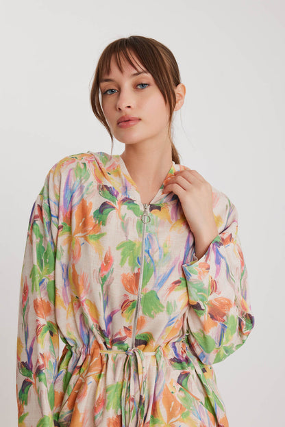 SLIM JACKET WITH FLOWER PATTERNED WAIST CURL