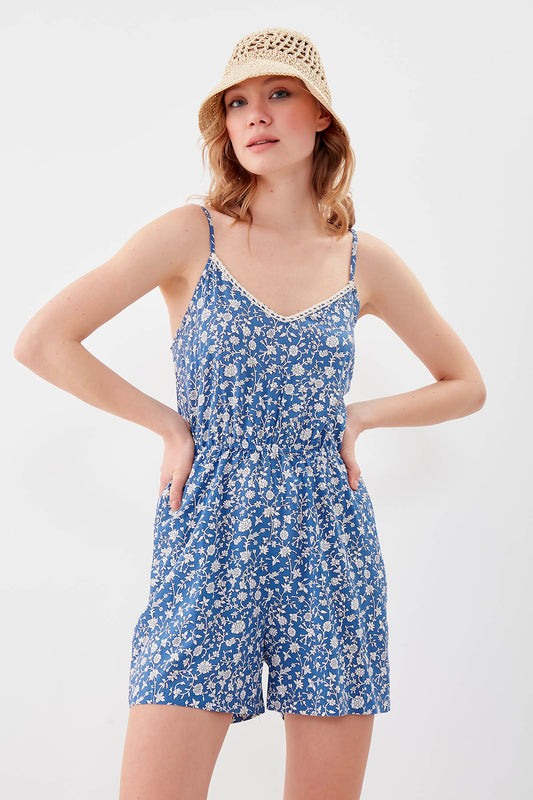 FLORAL PATTERN DOUBLE POCKET OVERALLS