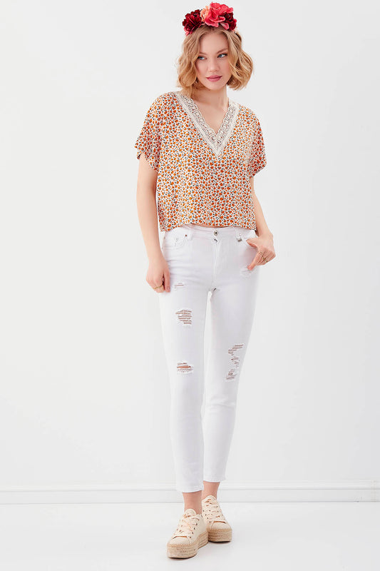 FLORAL PATTERN V COLLAR SHORT SLEEVE BLOUSE