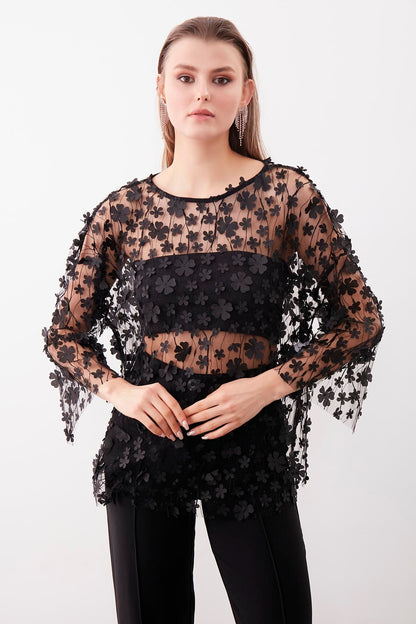 FLOWER PATTERN TRANSPARENT BLOUSE