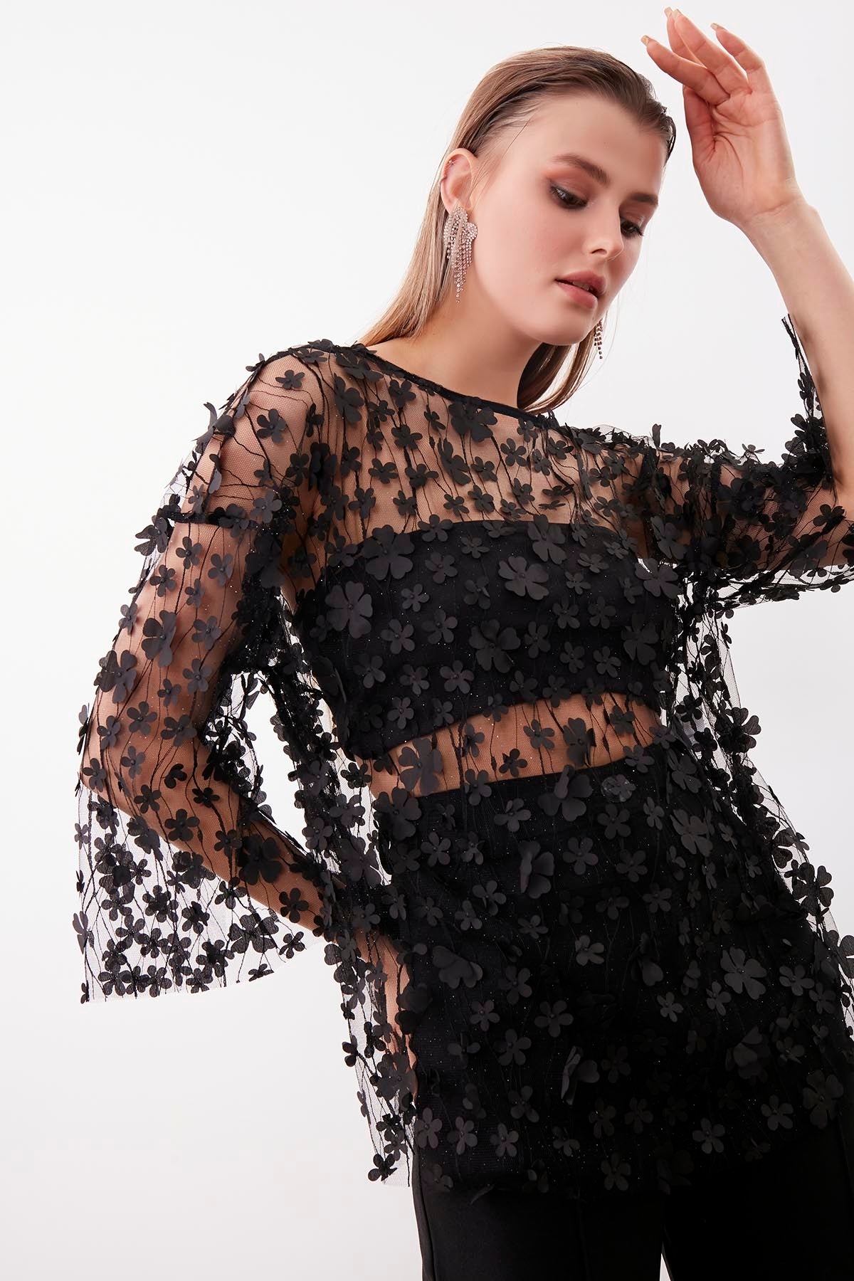FLOWER PATTERN TRANSPARENT BLOUSE