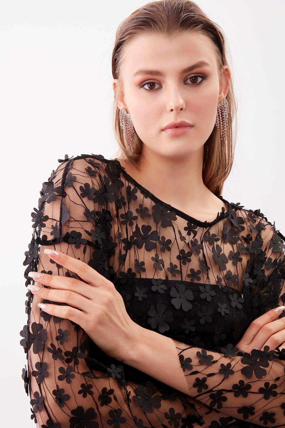 FLOWER PATTERN TRANSPARENT BLOUSE