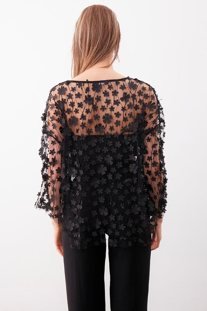 FLOWER PATTERN TRANSPARENT BLOUSE
