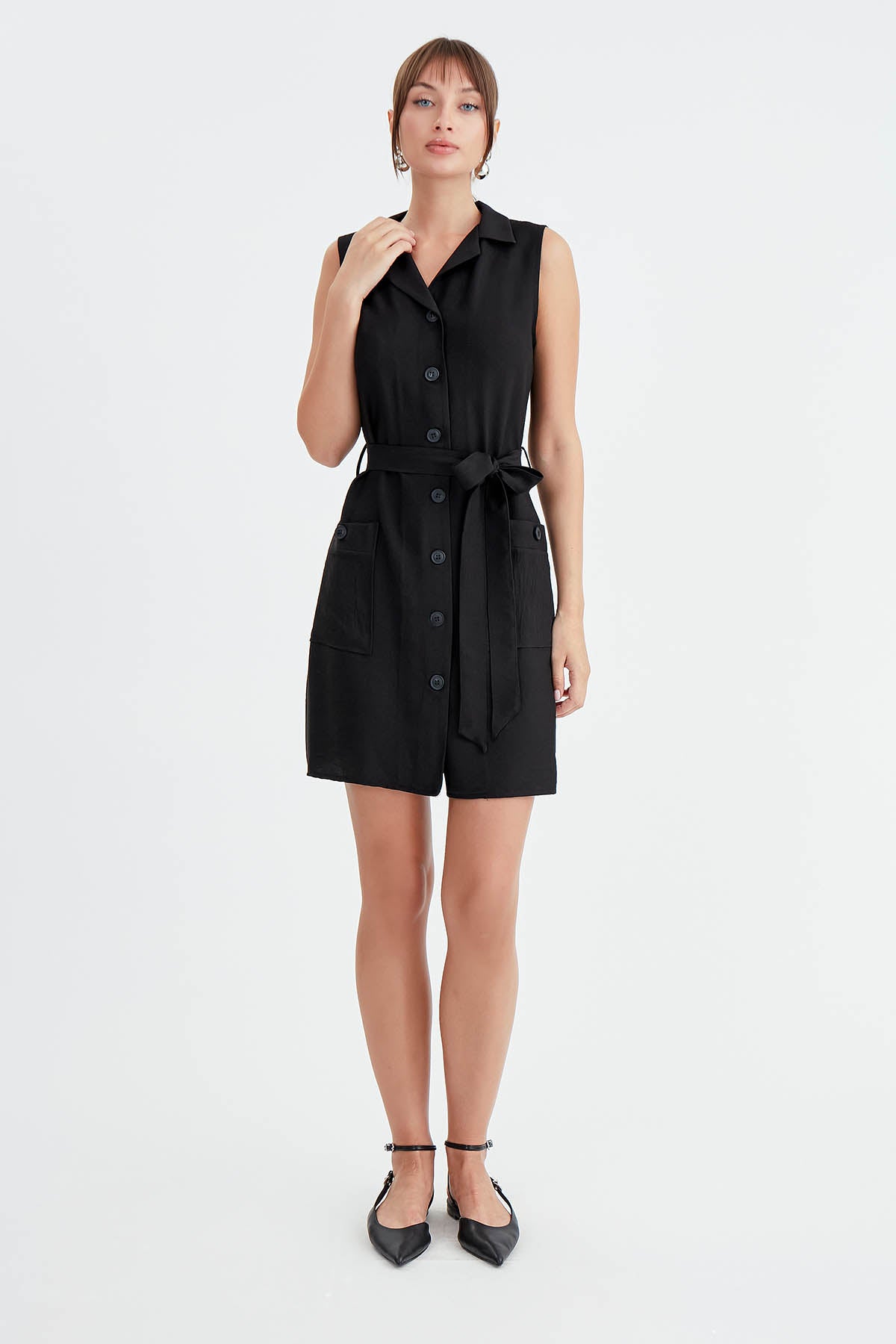 DOUBLE POCKET BUTTON BELT DRESS
