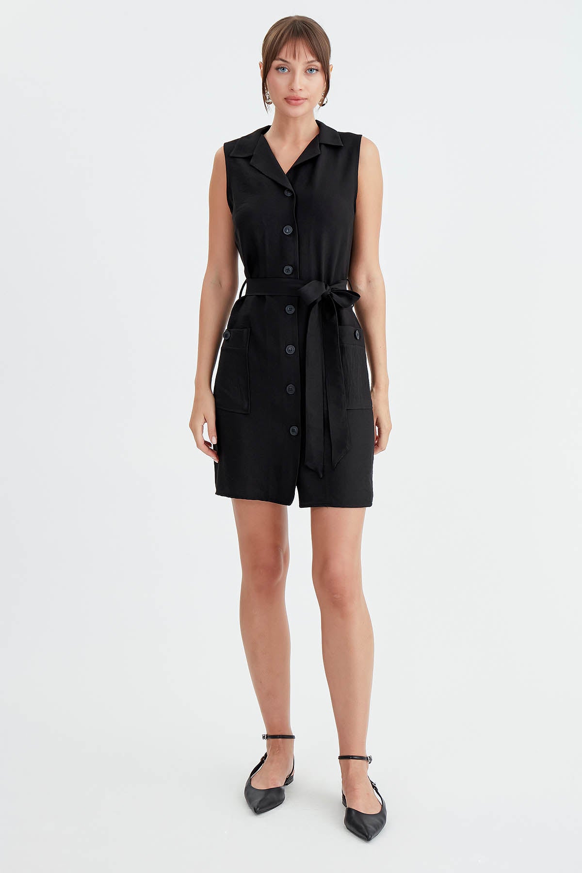 DOUBLE POCKET BUTTON BELT DRESS