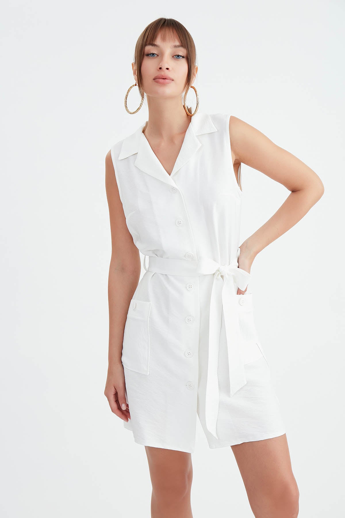 DOUBLE POCKET BUTTON BELT DRESS