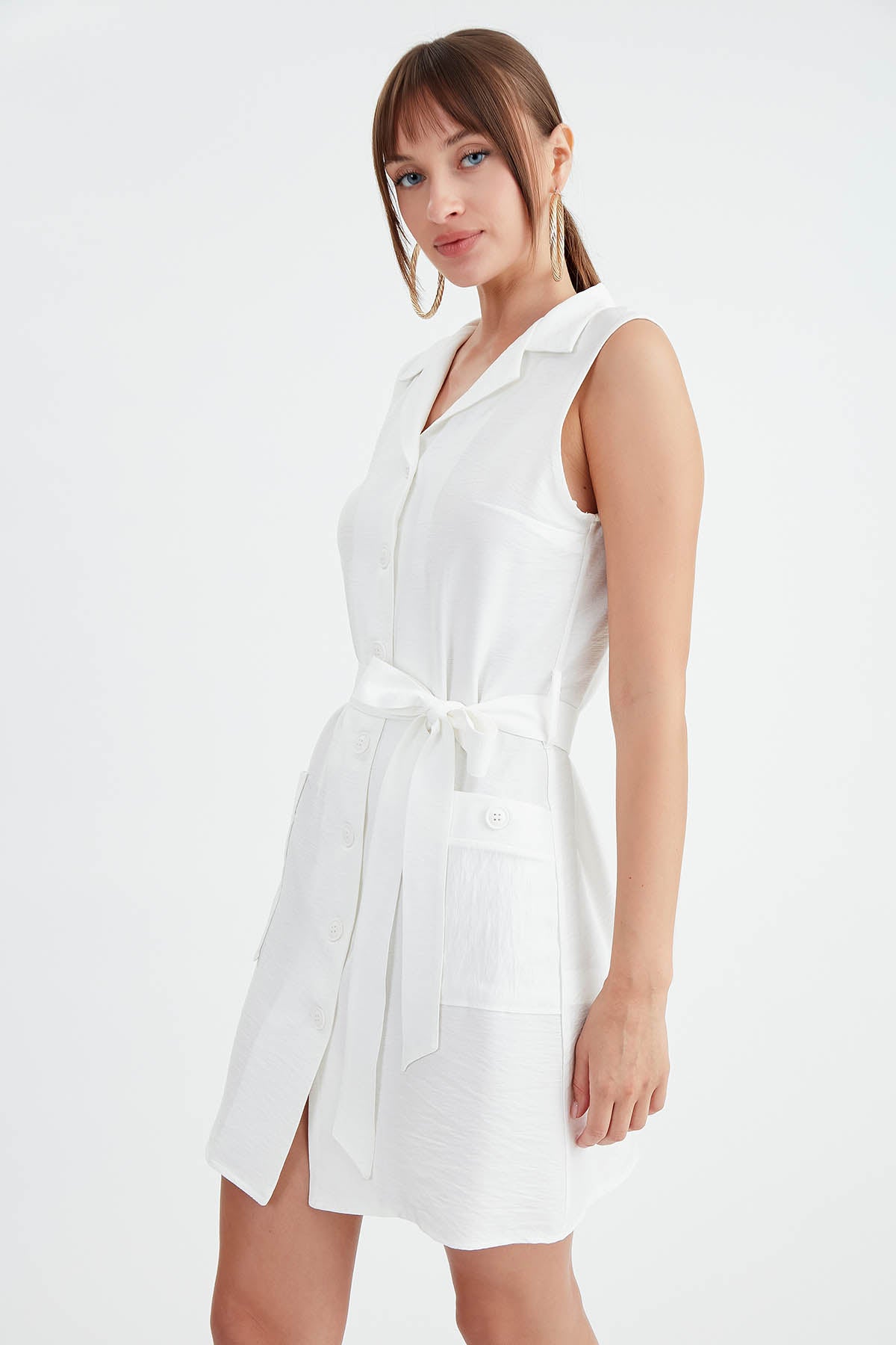 DOUBLE POCKET BUTTON BELT DRESS