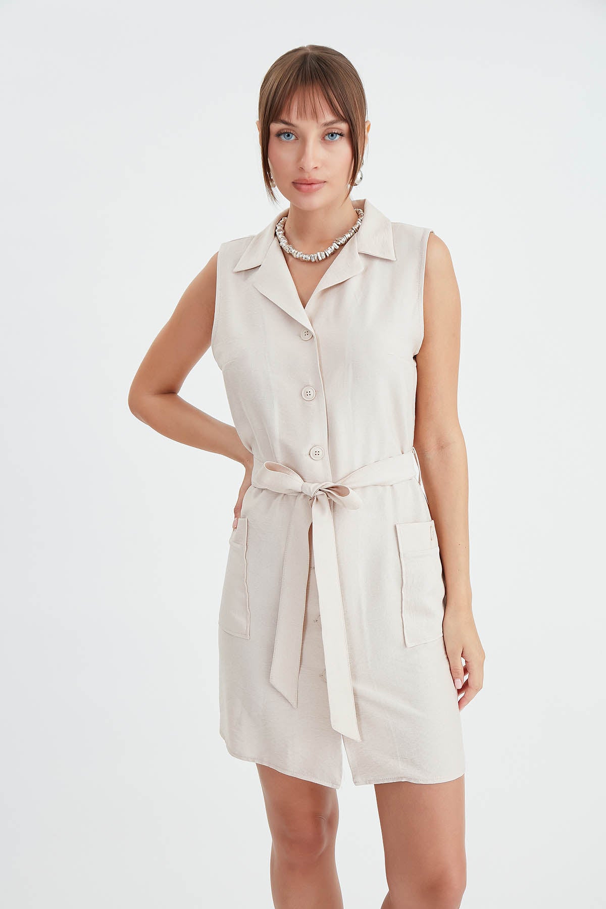 DOUBLE POCKET BUTTON BELT DRESS