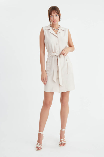 DOUBLE POCKET BUTTON BELT DRESS