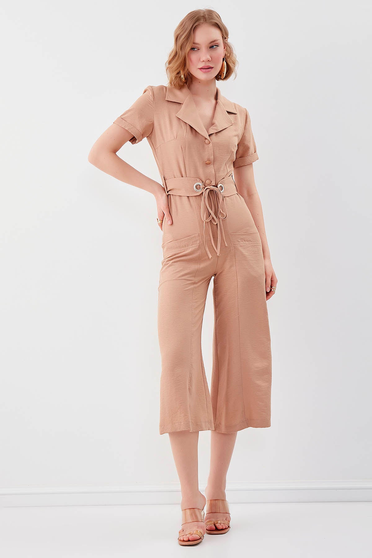 SHORT SLEEVE OVERALLS WITH BELT & DOUBLE POCKETS