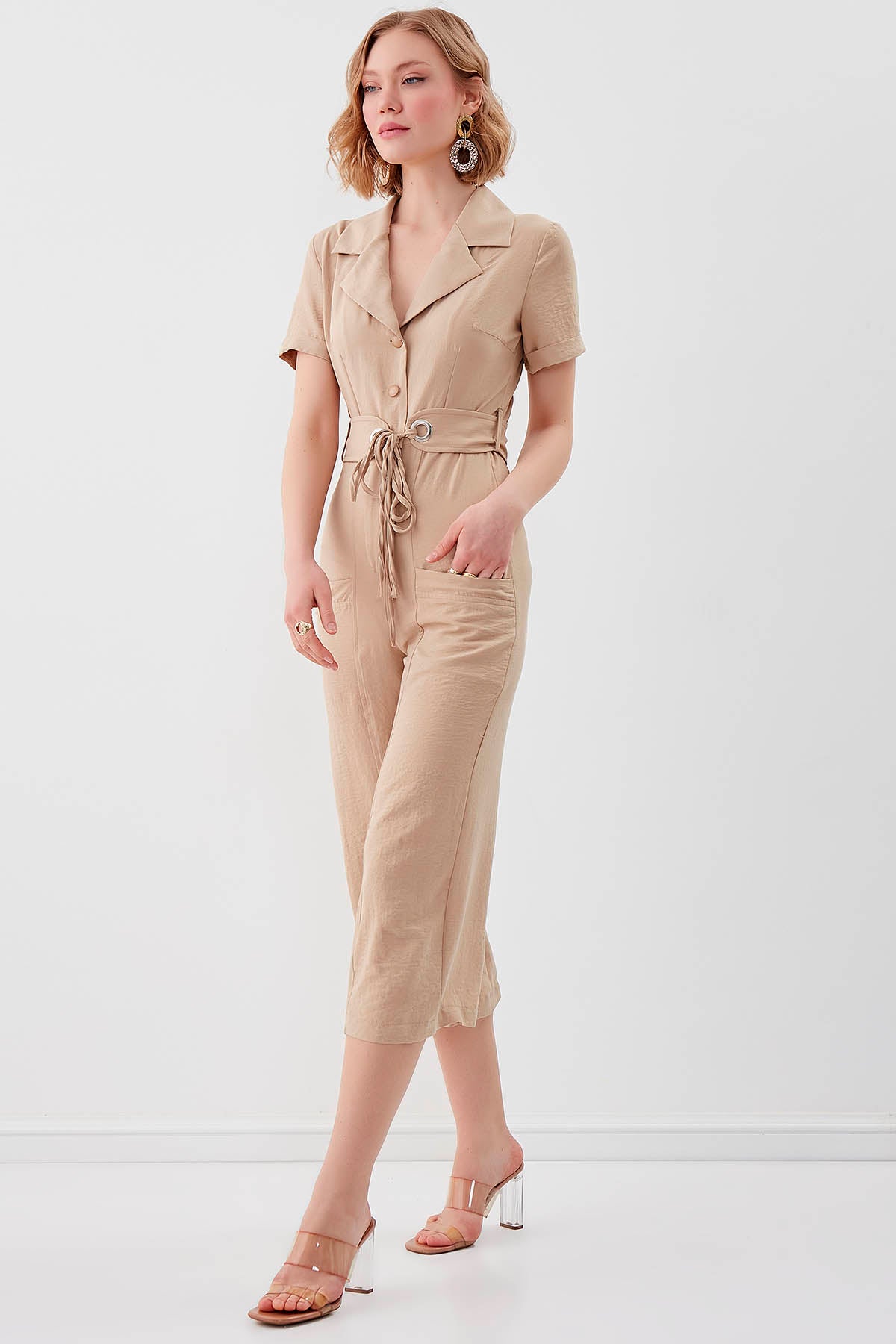 SHORT SLEEVE OVERALLS WITH BELT & DOUBLE POCKETS