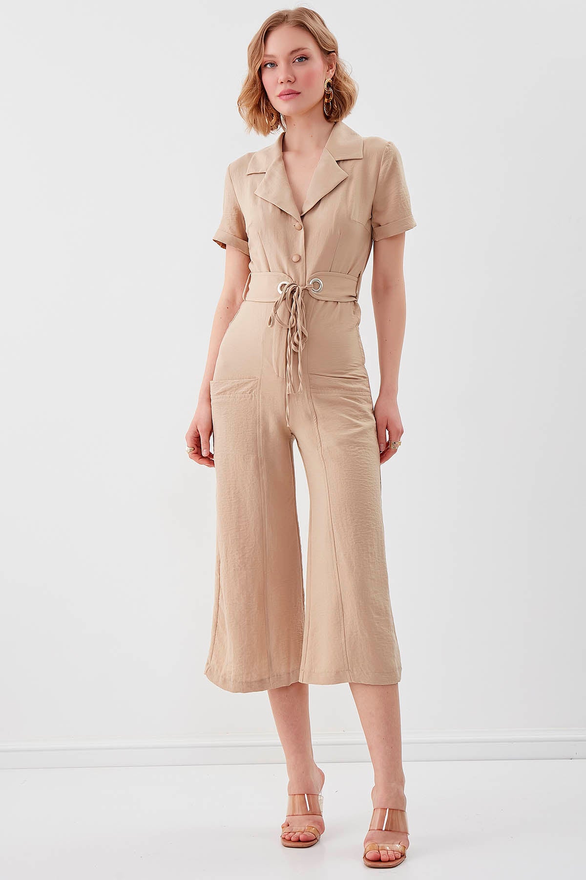 SHORT SLEEVE OVERALLS WITH BELT & DOUBLE POCKETS