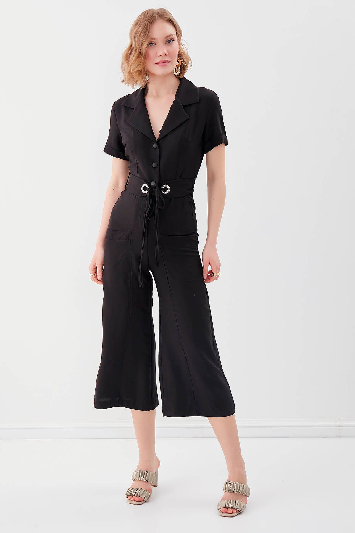 SHORT SLEEVE OVERALLS WITH BELT & DOUBLE POCKETS