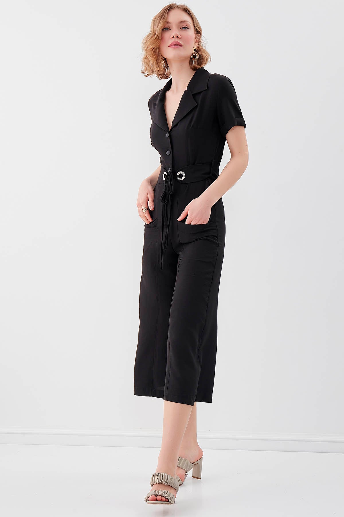 SHORT SLEEVE OVERALLS WITH BELT & DOUBLE POCKETS