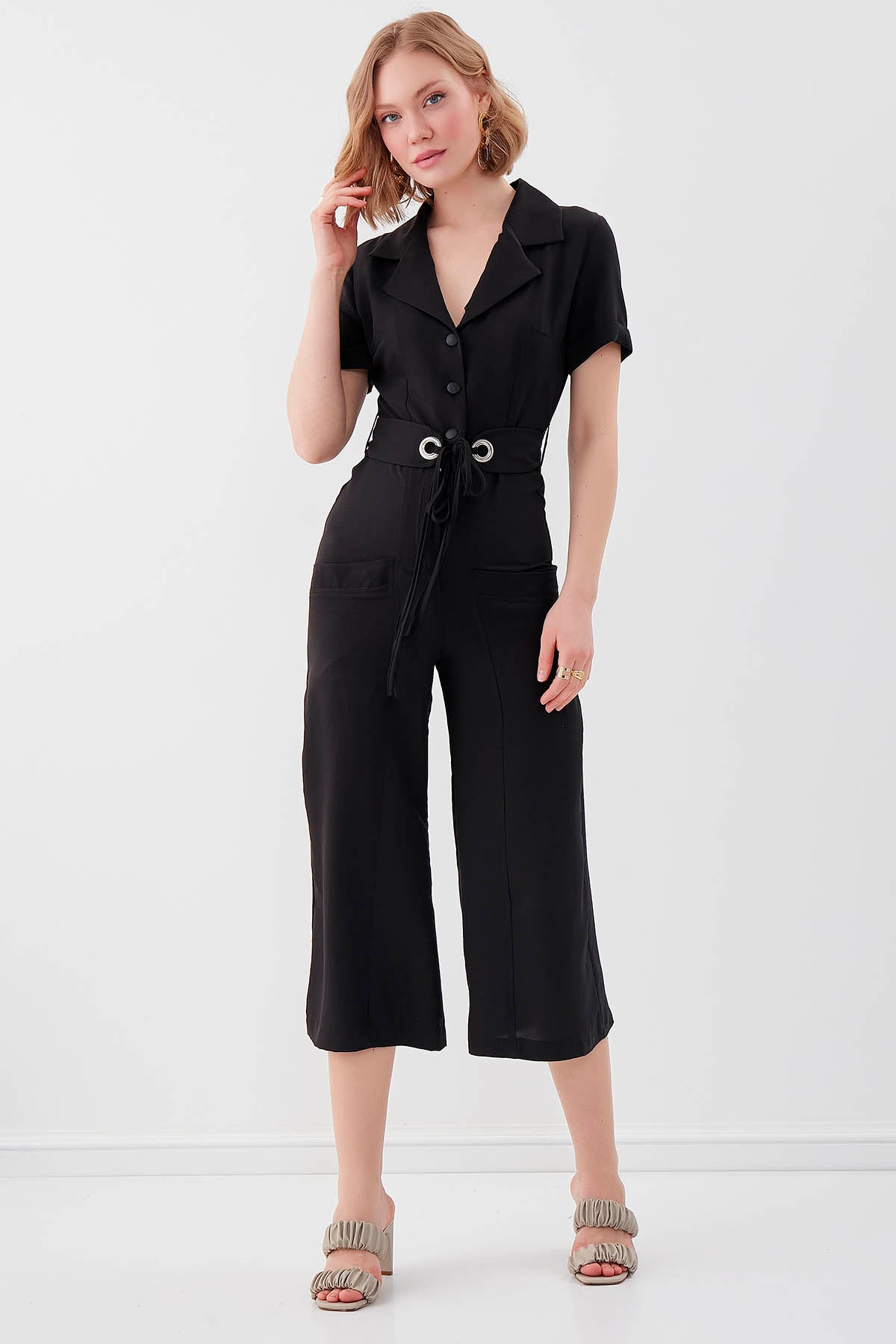 SHORT SLEEVE OVERALLS WITH BELT & DOUBLE POCKETS
