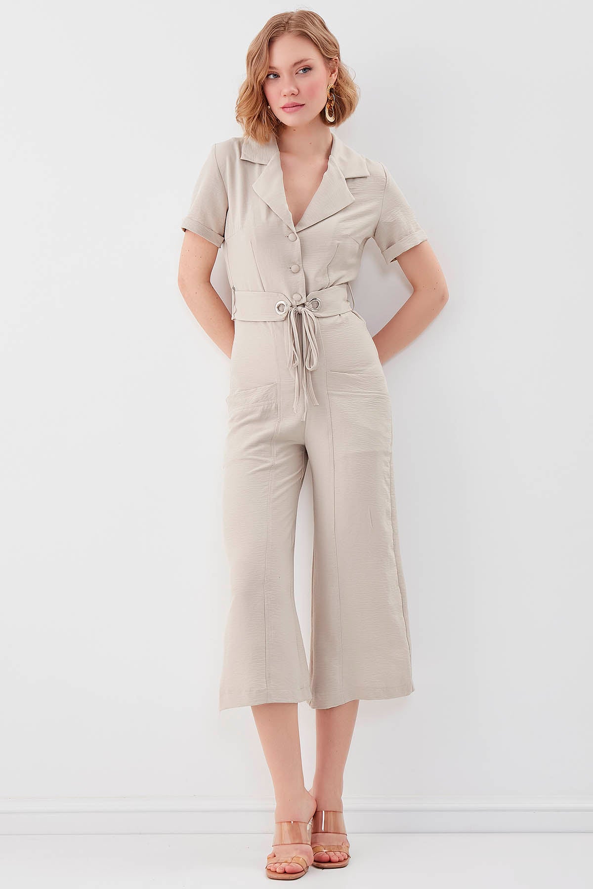 SHORT SLEEVE OVERALLS WITH BELT & DOUBLE POCKETS