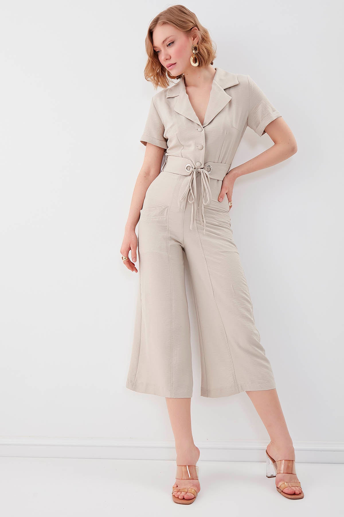 SHORT SLEEVE OVERALLS WITH BELT & DOUBLE POCKETS