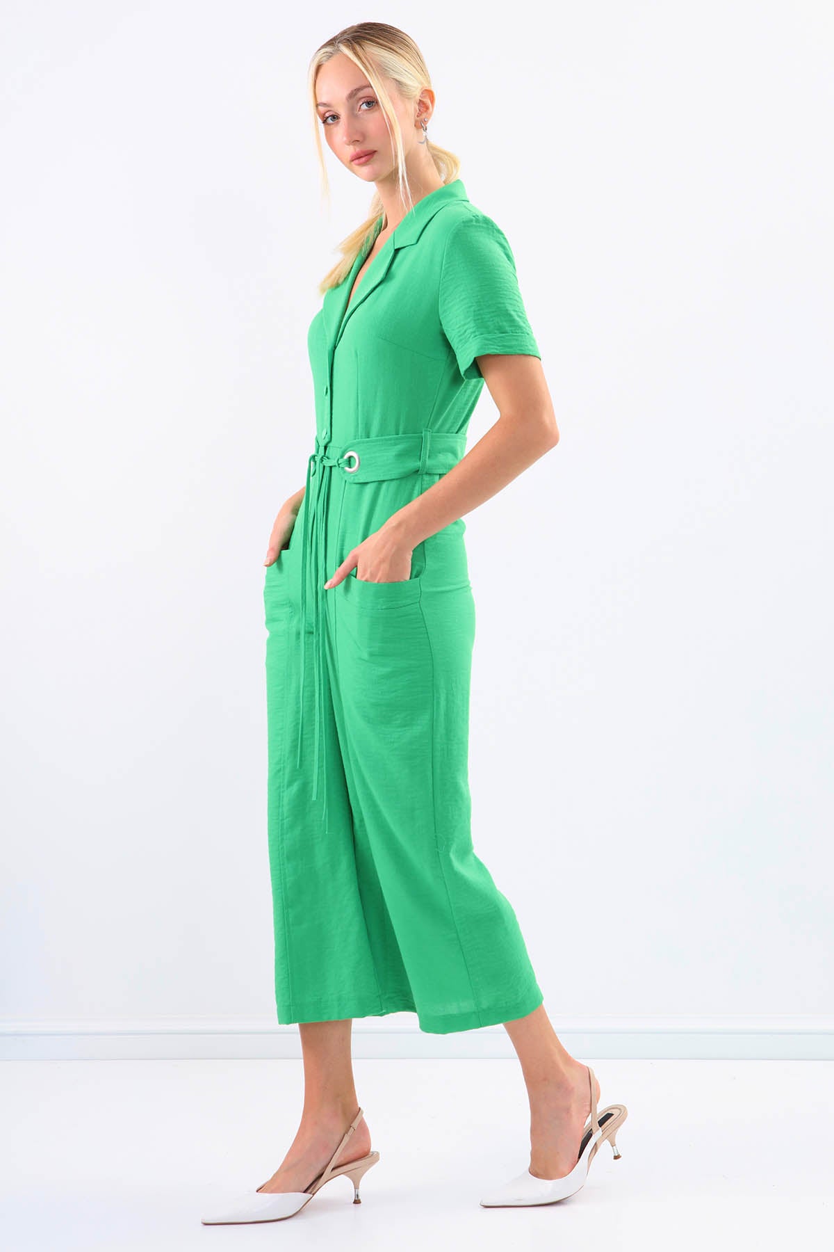 SHORT SLEEVE OVERALLS WITH BELT & DOUBLE POCKETS
