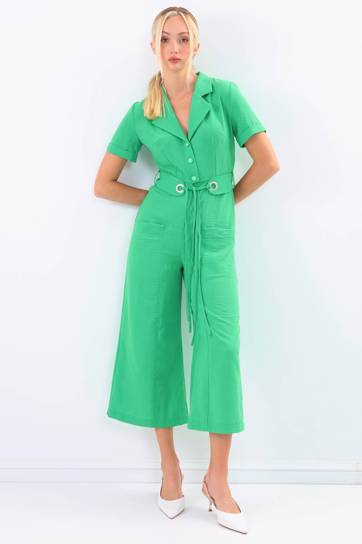 SHORT SLEEVE OVERALLS WITH BELT & DOUBLE POCKETS