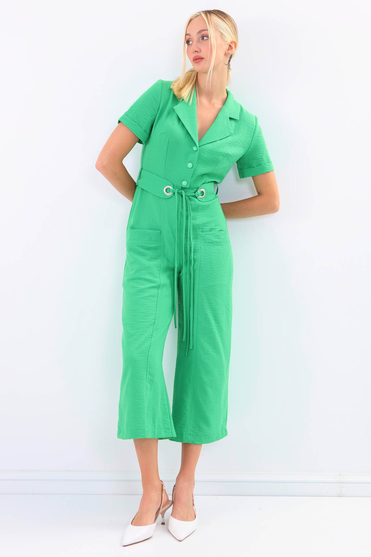 SHORT SLEEVE OVERALLS WITH BELT & DOUBLE POCKETS