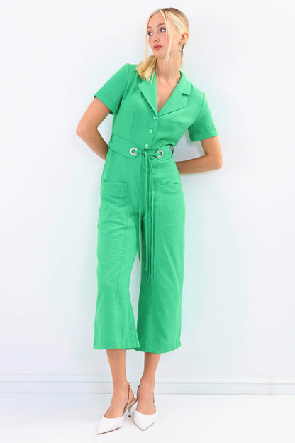 SHORT SLEEVE OVERALLS WITH BELT & DOUBLE POCKETS