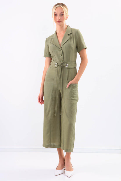 SHORT SLEEVE OVERALLS WITH BELT & DOUBLE POCKETS