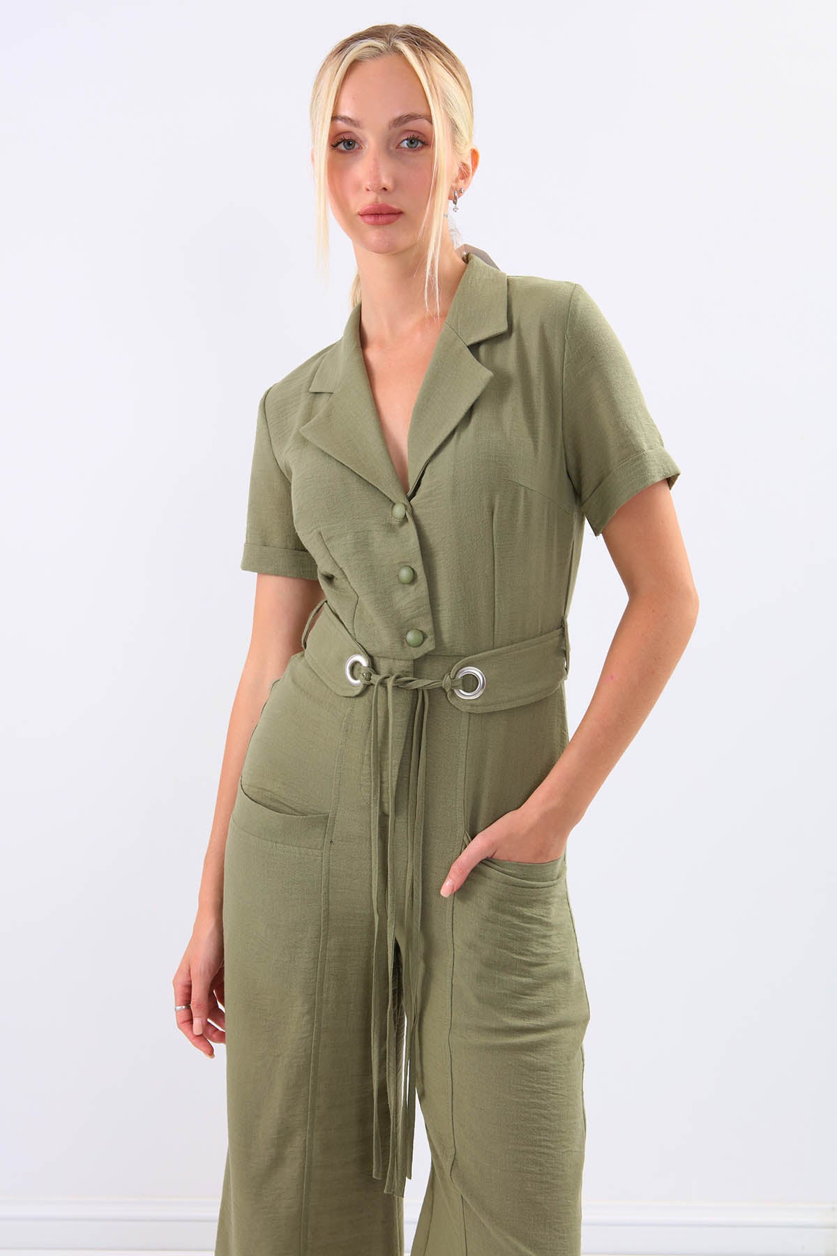 SHORT SLEEVE OVERALLS WITH BELT & DOUBLE POCKETS
