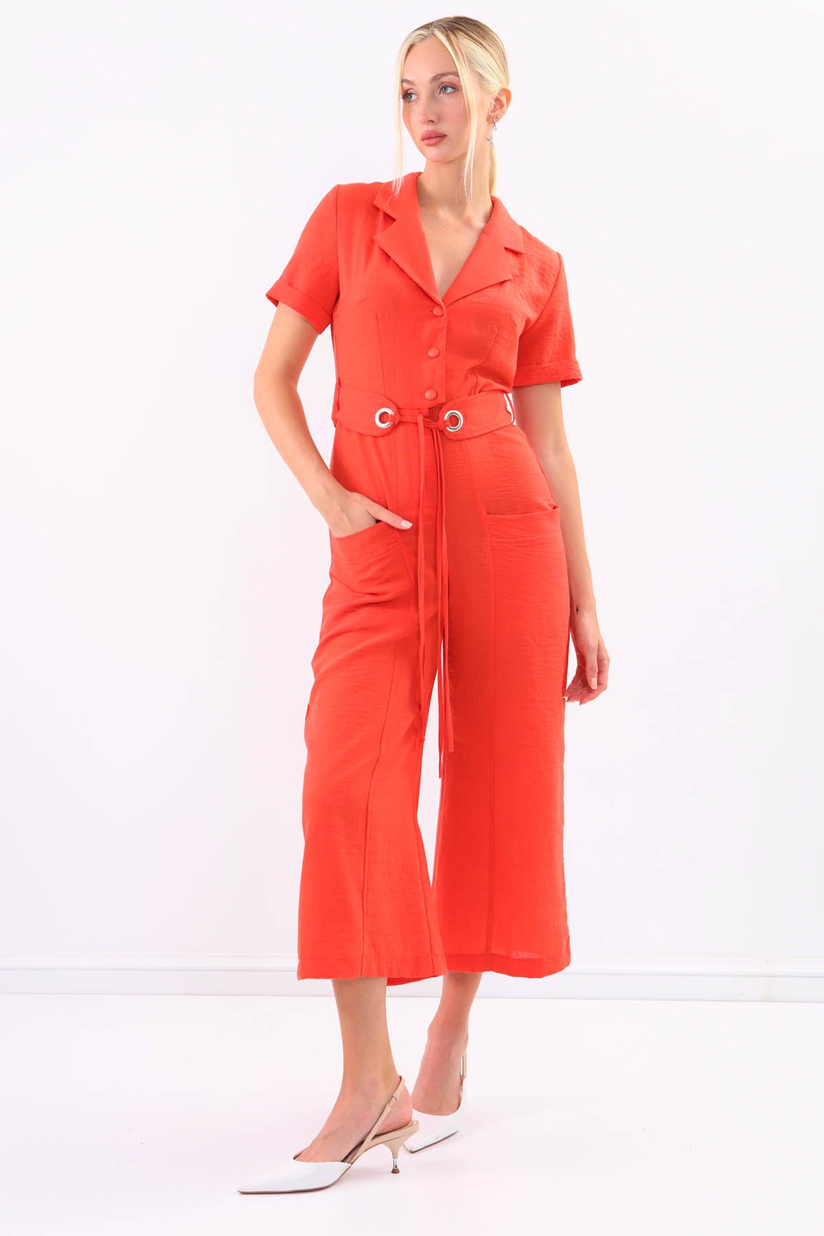 SHORT SLEEVE OVERALLS WITH BELT & DOUBLE POCKETS