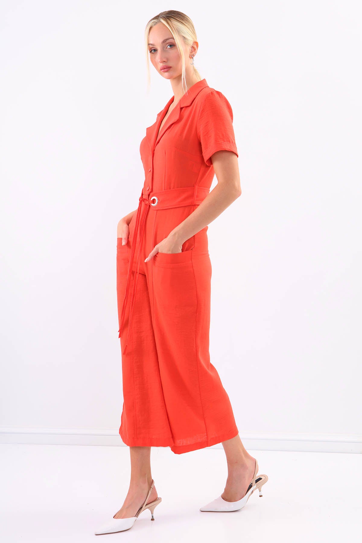 SHORT SLEEVE OVERALLS WITH BELT & DOUBLE POCKETS