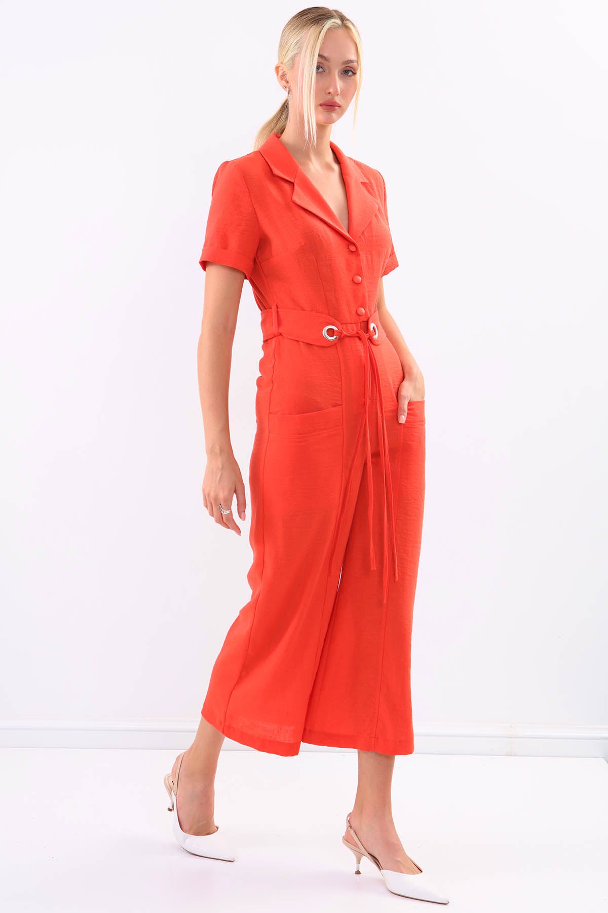 SHORT SLEEVE OVERALLS WITH BELT & DOUBLE POCKETS