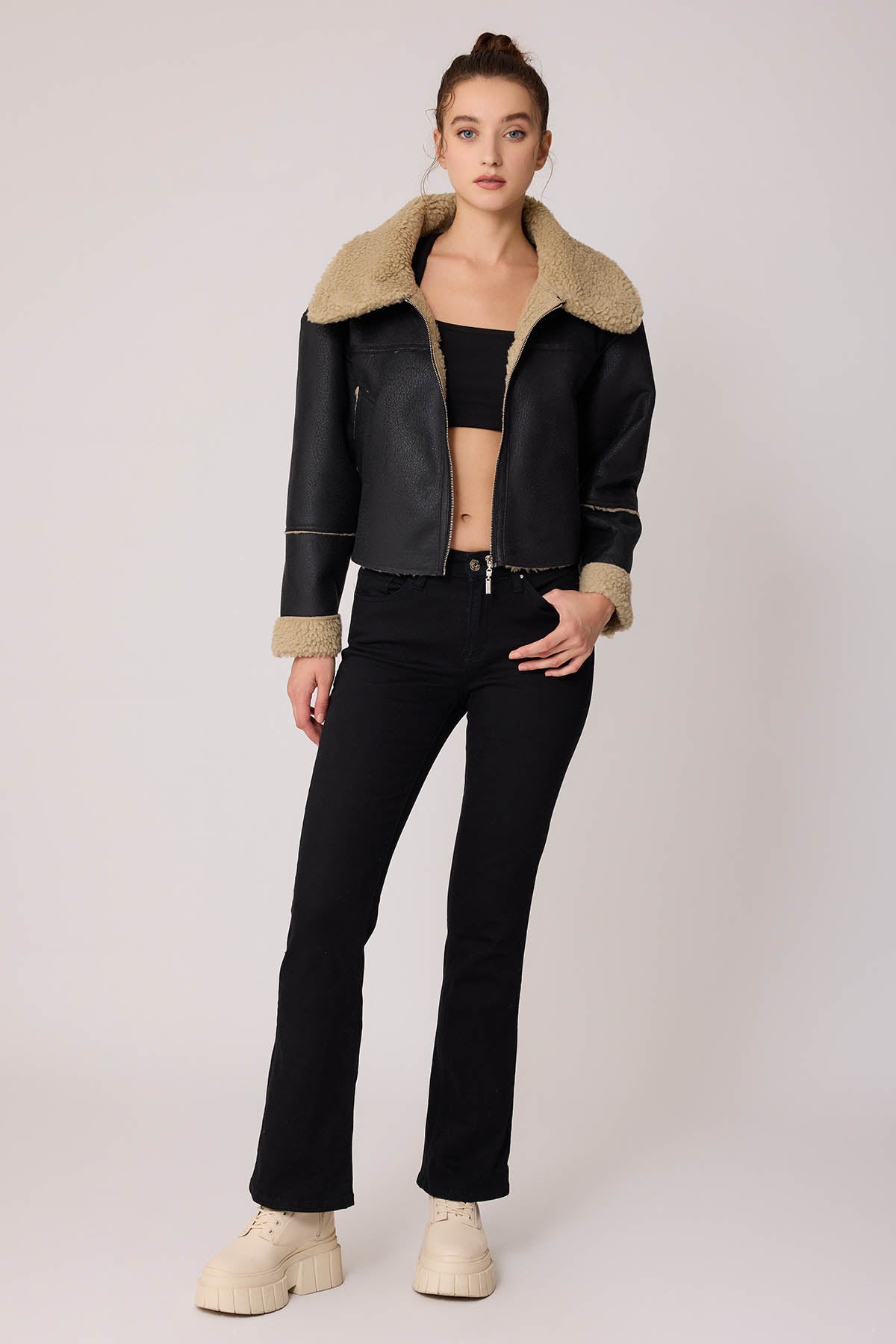 DUAL POCKET FAUX LEATHER BIKER JACKET