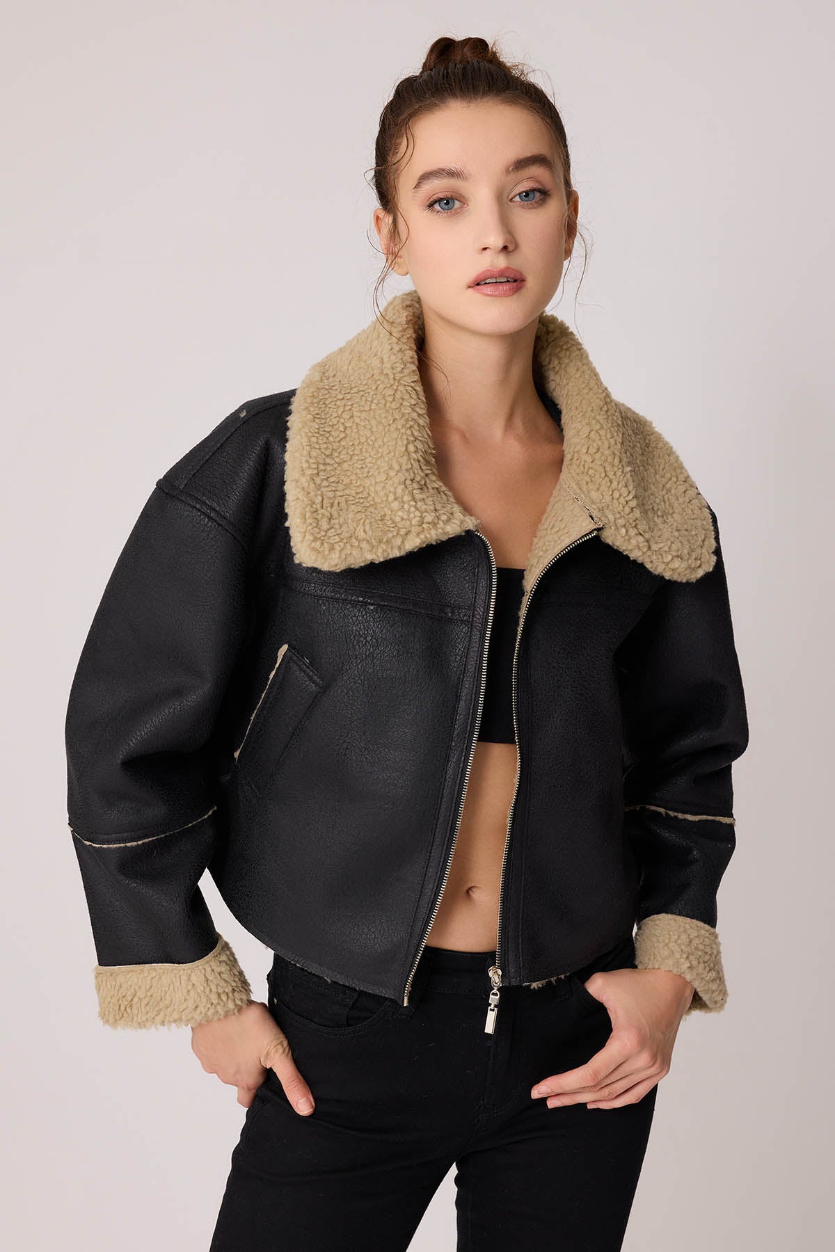 DUAL POCKET FAUX LEATHER BIKER JACKET