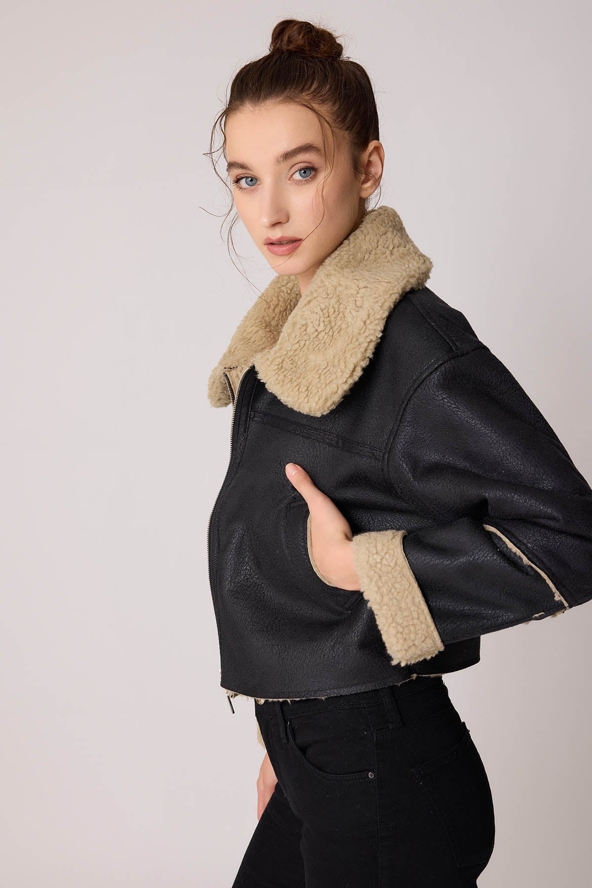 DUAL POCKET FAUX LEATHER BIKER JACKET