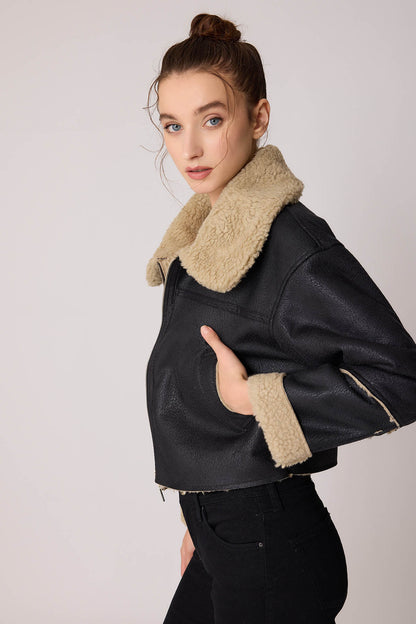 DUAL POCKET FAUX LEATHER BIKER JACKET
