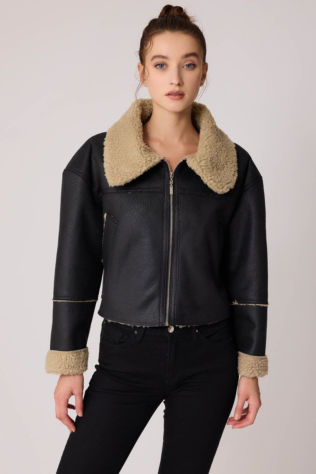 DUAL POCKET FAUX LEATHER BIKER JACKET