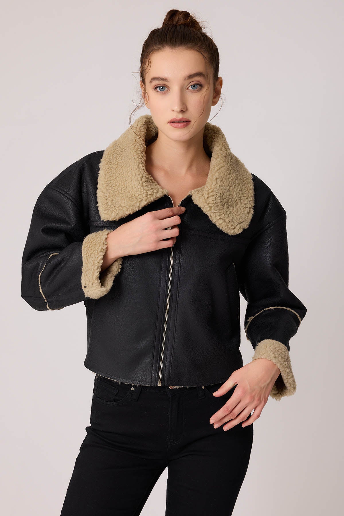DUAL POCKET FAUX LEATHER BIKER JACKET