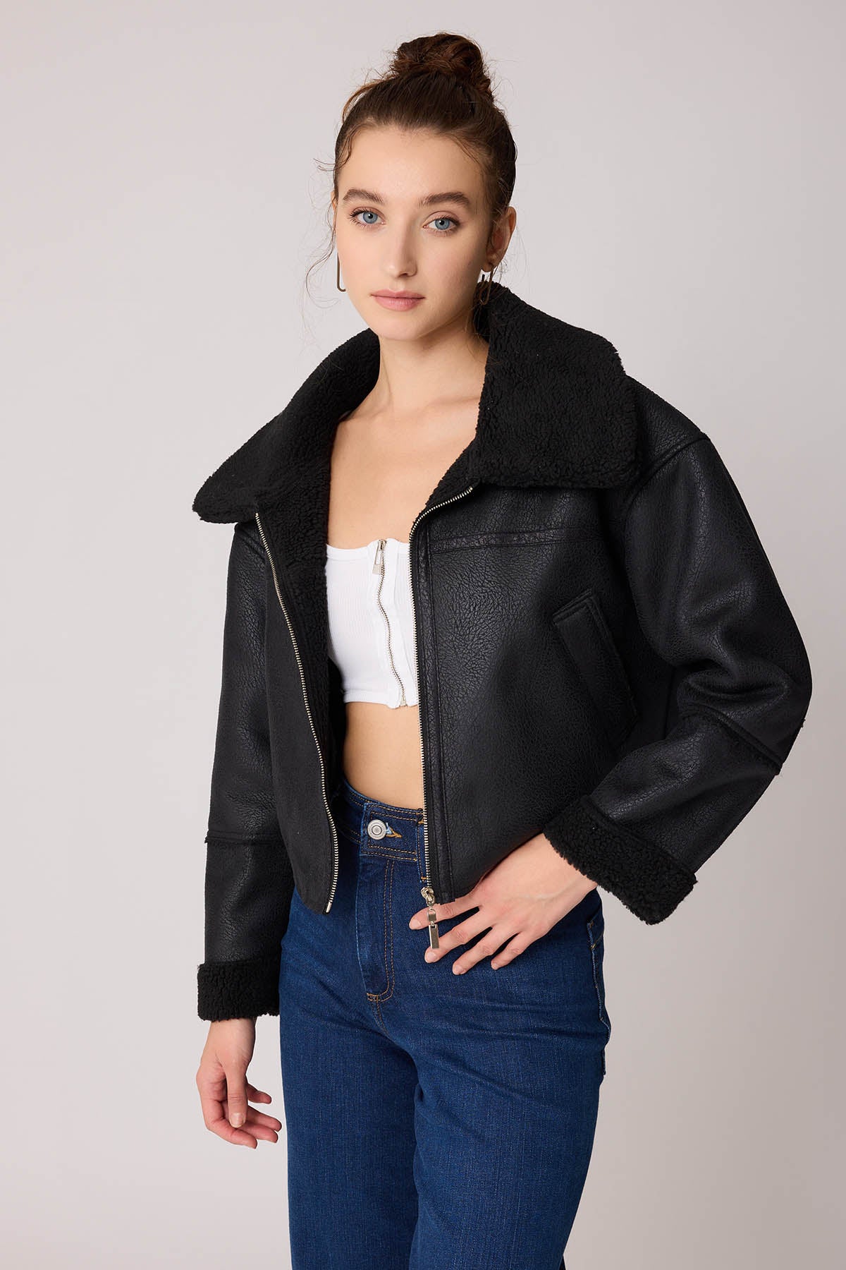 DUAL POCKET FAUX LEATHER BIKER JACKET