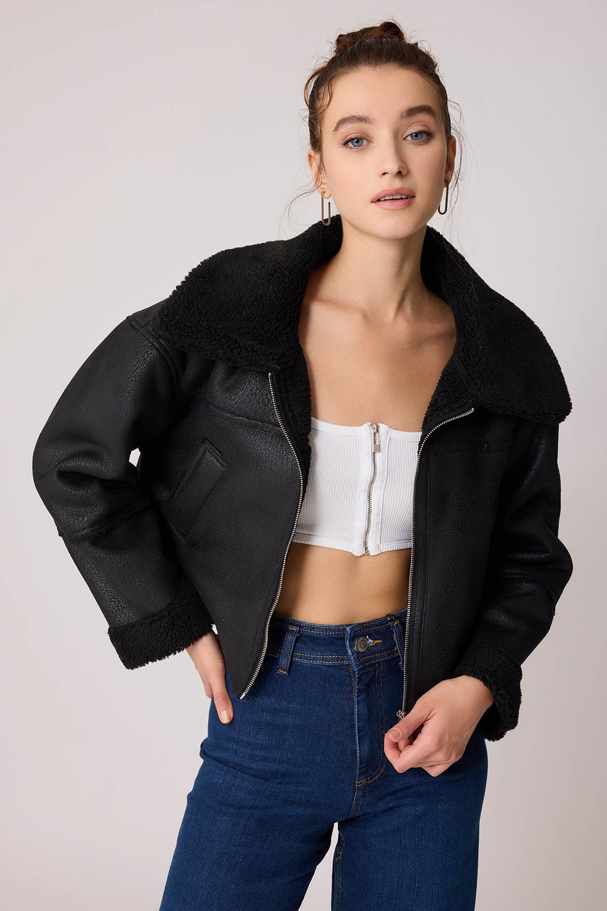 DUAL POCKET FAUX LEATHER BIKER JACKET